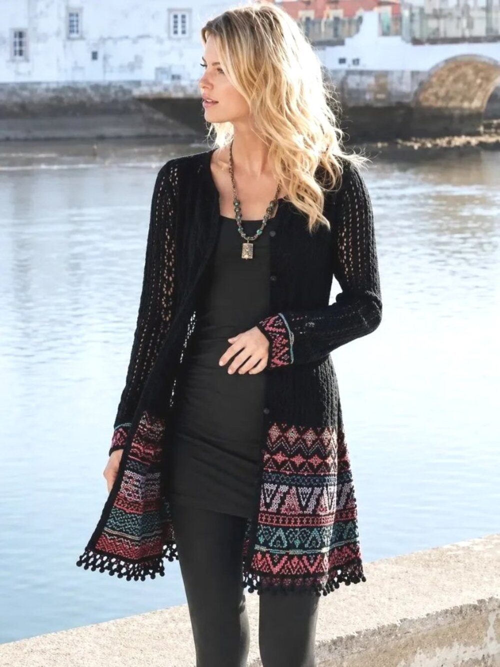 Peruvian Connection Huacas Cardigan Sweater Large Open Crochet Knit Boho CJ-2442